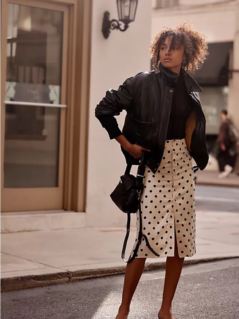 Free People Analise Beige/blk Polka Dot Satin Midi Skirt